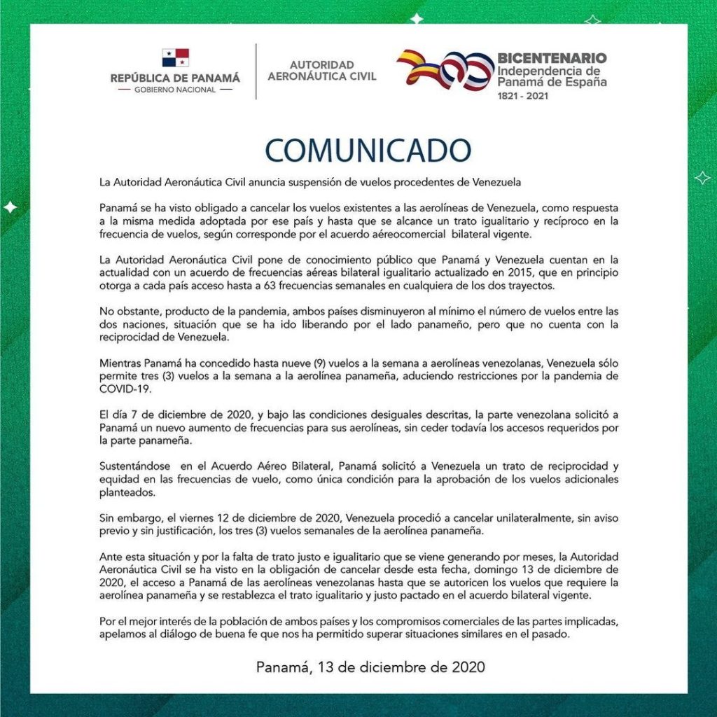 Panamá aplica reciprocidad y suspende vuelos de las aerolíneas venezolanas