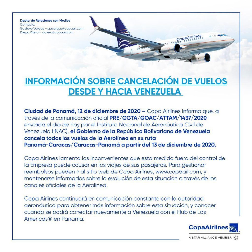 Copa Airlines y Turpial cancelan sus vuelos entre Panamá y Venezuela por orden del INAC
